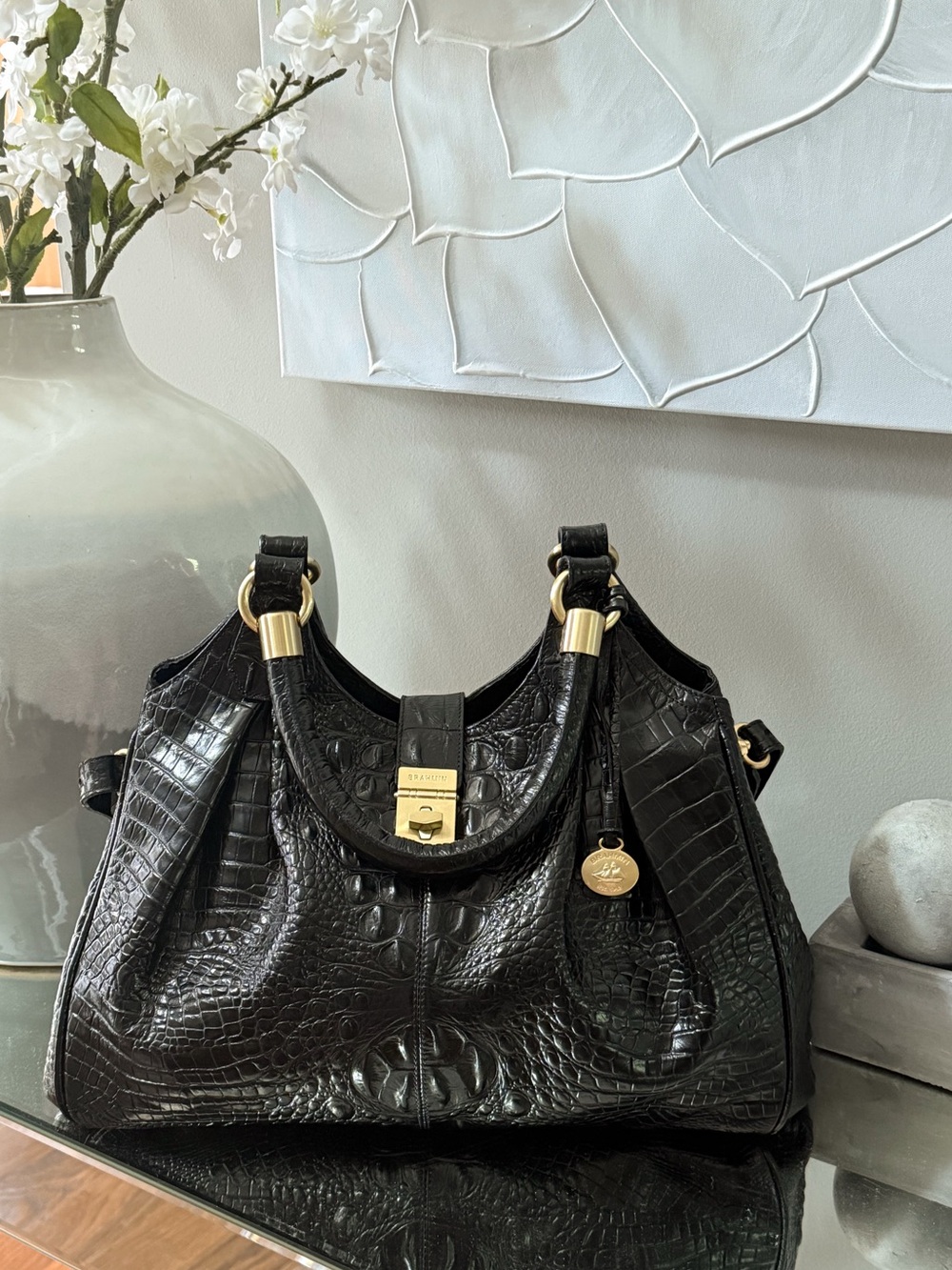 Brahmin Black Croc Embossed Leather Satchel/Shoulder Bag Large Gold Hardware - Picture 2 of 16